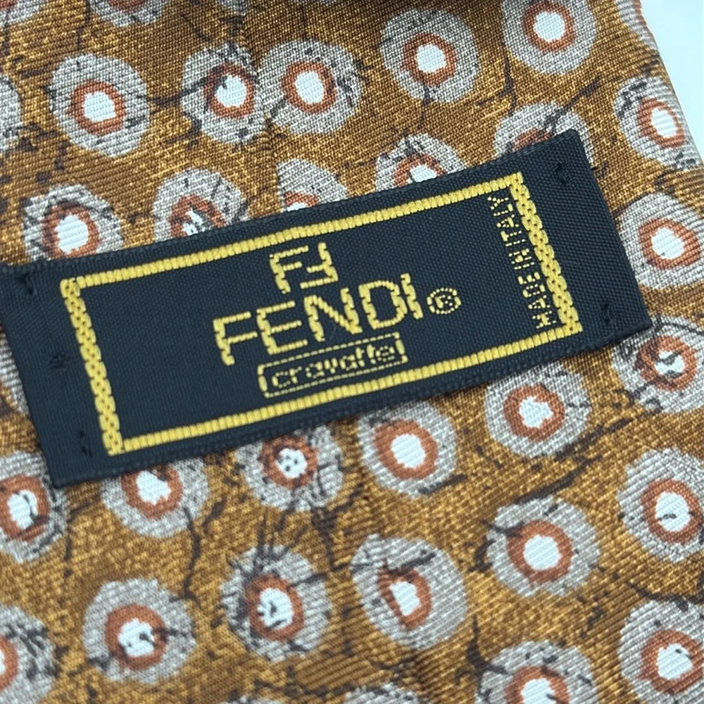 Fendi Brown and White Silk Tie with‎ Geometric Pattern